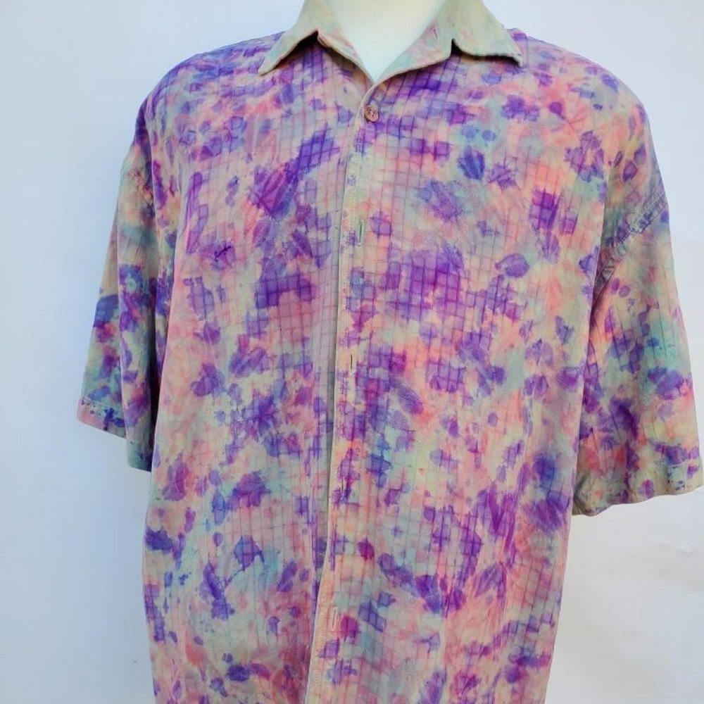 Painted Tommy bahama silk shirt pink red blue purple white rainbow tropical palm